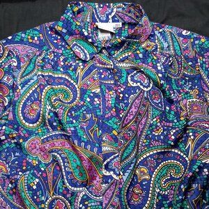 Vintage 70s Pykettes Paisley Hearts Rainbow Disco Button Shirt